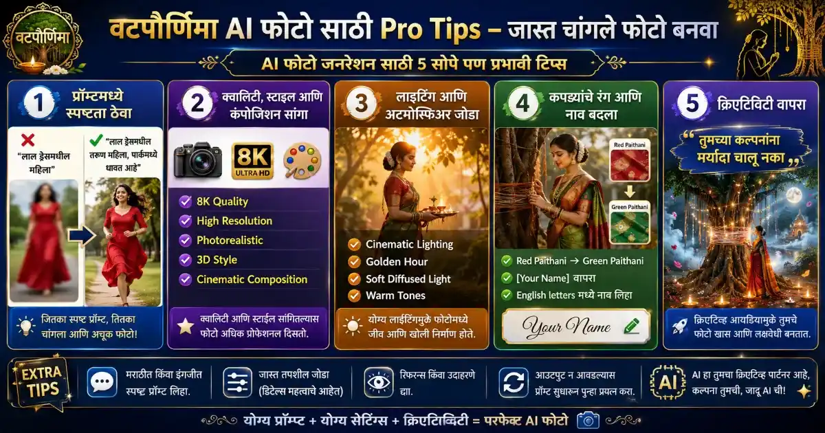 Tips infographic showing lighting, prompt clarity, quality settings for AI images
