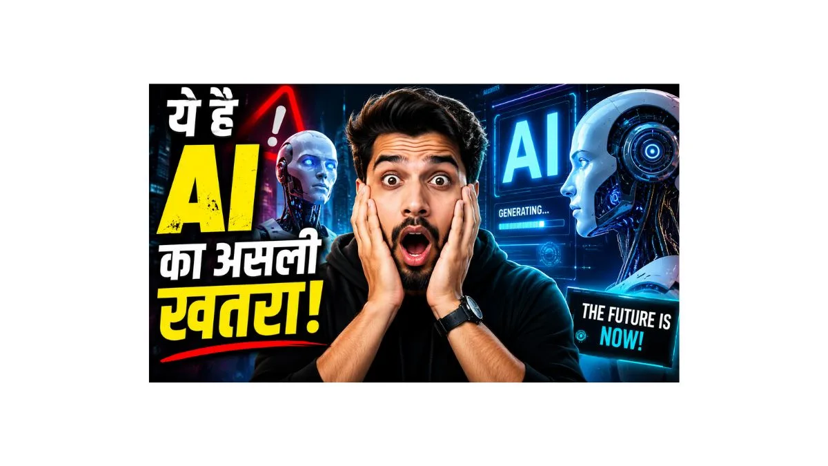 Indian YouTuber shocked expression with AI robots and futuristic technology background cinematic YouTube thumbnail design