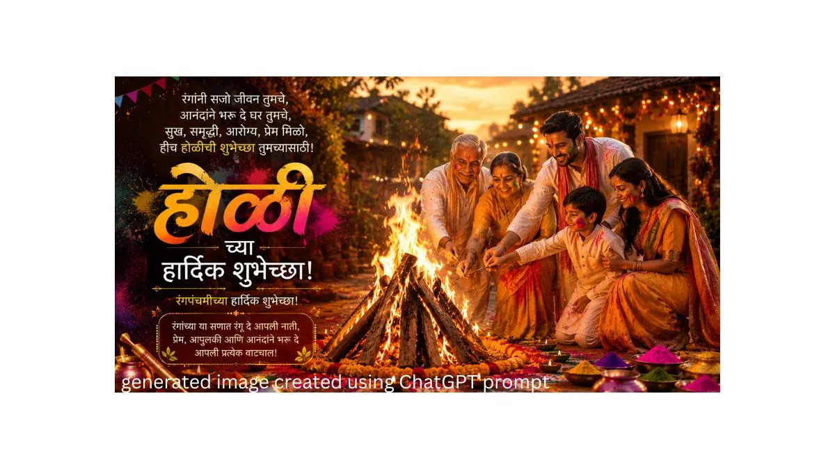 Ultra-realistic Marathi Holi festival poster showing an Indian family celebrating Holika Dahan with warm golden lighting, colorful festive atmosphere, and cinematic 4K quality.