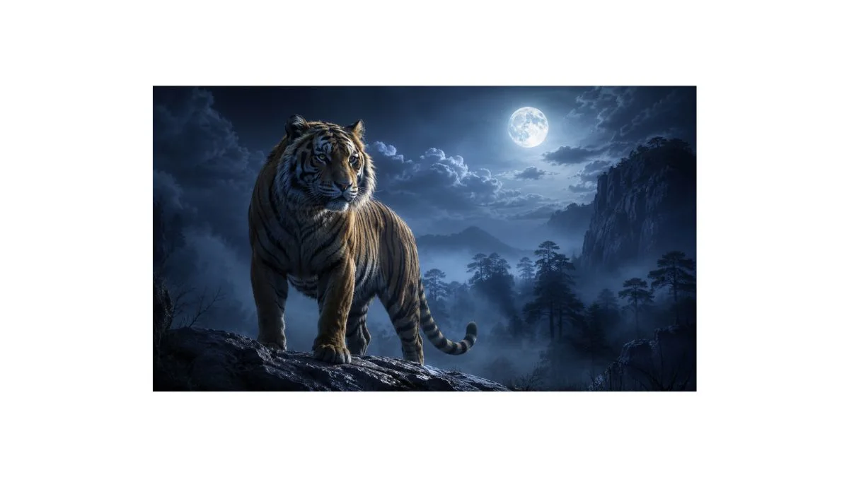 Ultra realistic tiger standing in moonlight with misty fantasy forest background, cinematic lighting, hyper detailed digital art in 8K wallpaper style.