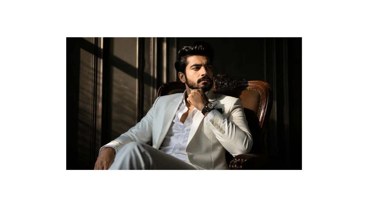 Royal stylish young man in white suit with luxury watch, cinematic lighting and powerful expression, realistic Instagram profile photo