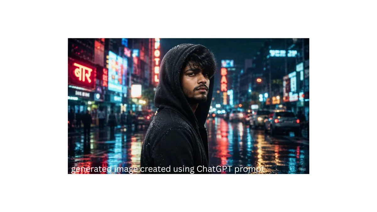 Stylish Indian boy in a black hoodie standing in a rainy neon city at night, cinematic ultra-realistic 4K urban portrait.