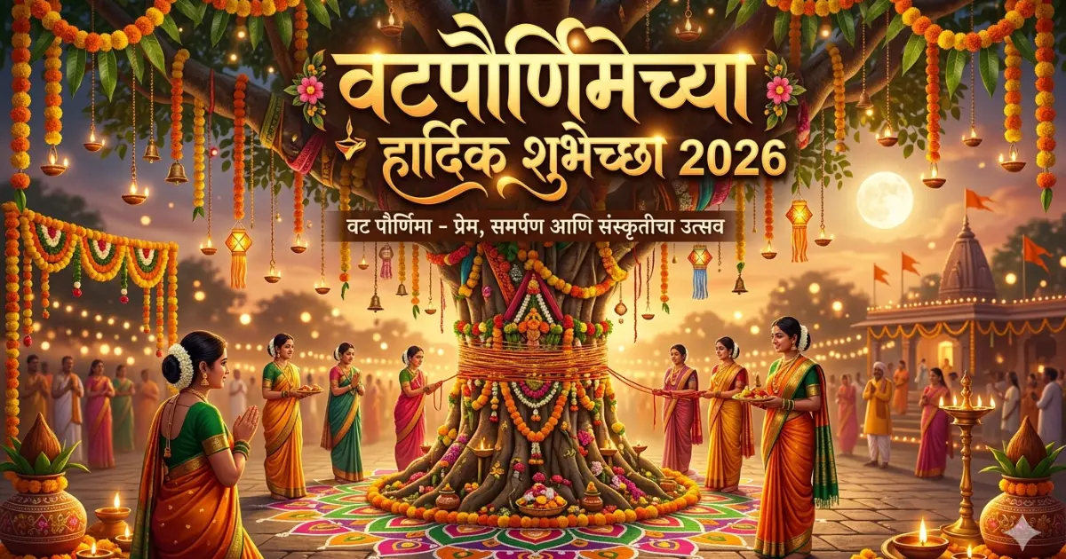 Festive Vat Purnima greeting banner with Marathi text and decorated banyan tree