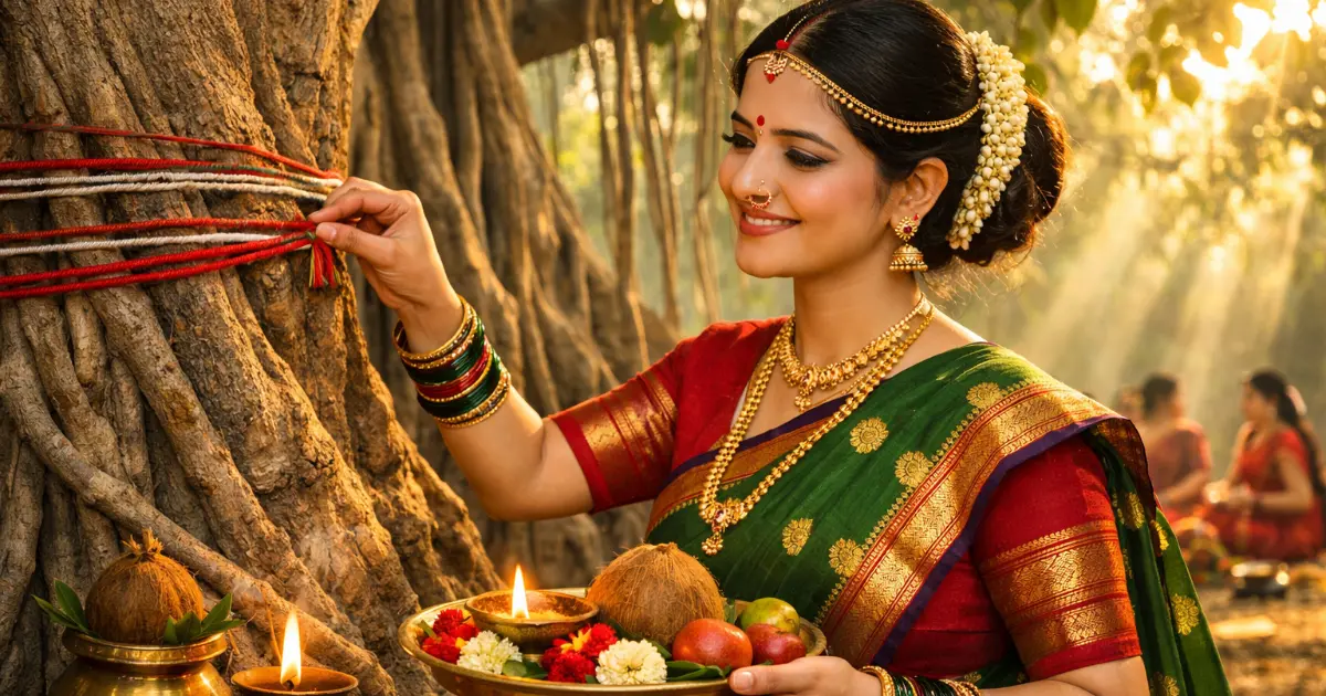 Maharashtrian woman performing Vat Purnima puja under banyan tree with AI generated cinematic 3D style