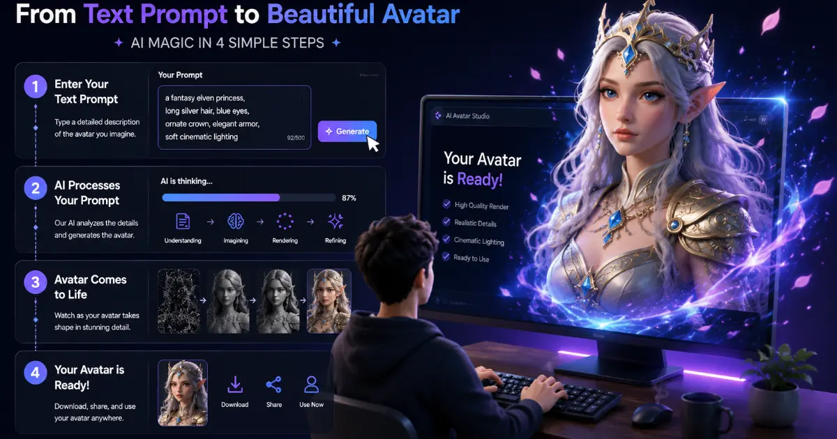 A 3D infographic illustration of a user typing a text prompt into a screen and a beautiful digital AI avatar popping out of the display