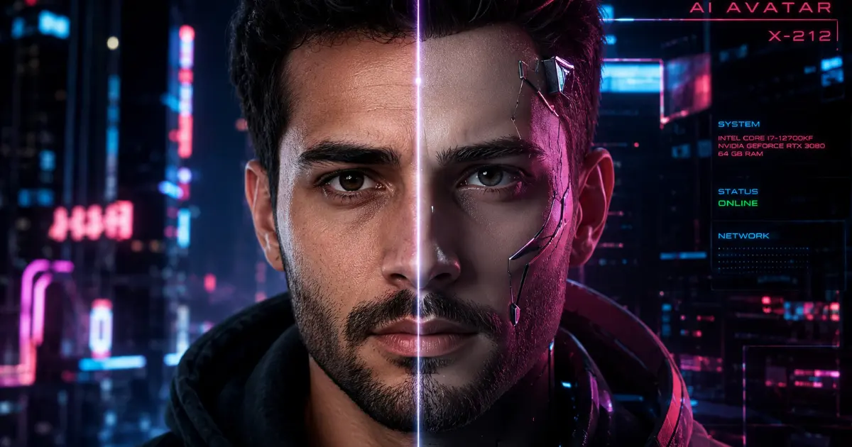 : A split-screen 3D concept image showing a real human face on one side and its transformed futuristic cyberpunk AI avatar with neon lighting on the other side