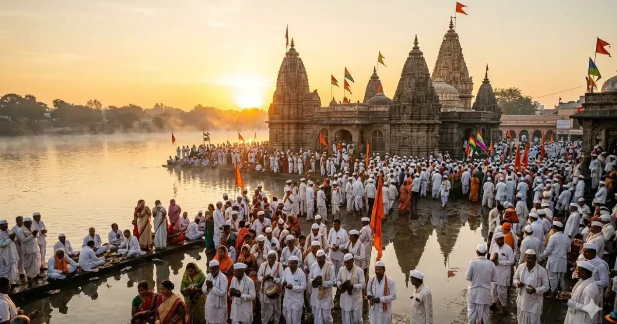 AI generated Vitthal Temple at sunrise in Pandharpur with Warkari devotees during Ashadhi Ekadashi pilgrimage