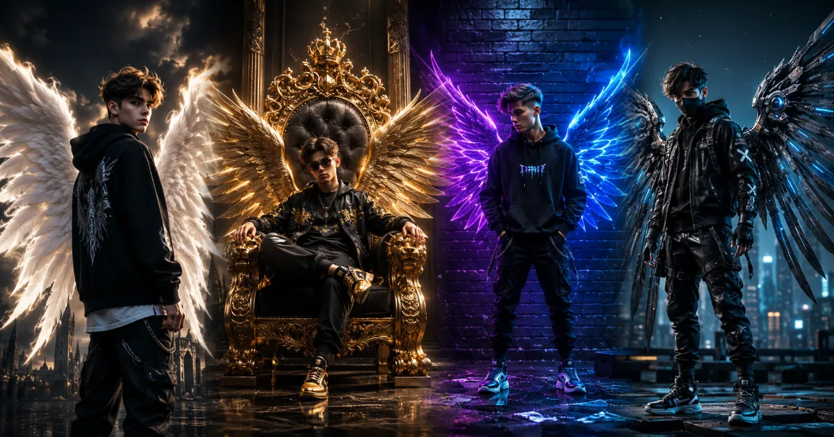 Boys 3D AI image prompts featuring angel wings, neon effects, royal wings and futuristic avatars