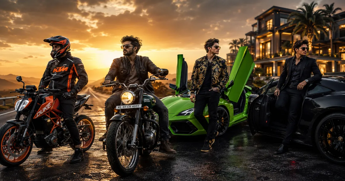 Car and bike 3D AI image prompts featuring KTM rider, Royal Enfield biker, Lamborghini owner and luxury lifestyle avatar