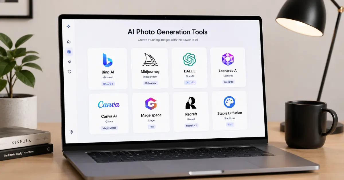 A modern laptop screen displaying various AI photo generation tool interfaces like Bing AI, Leonardo AI, and Canva AI on a clean studio workspace desk