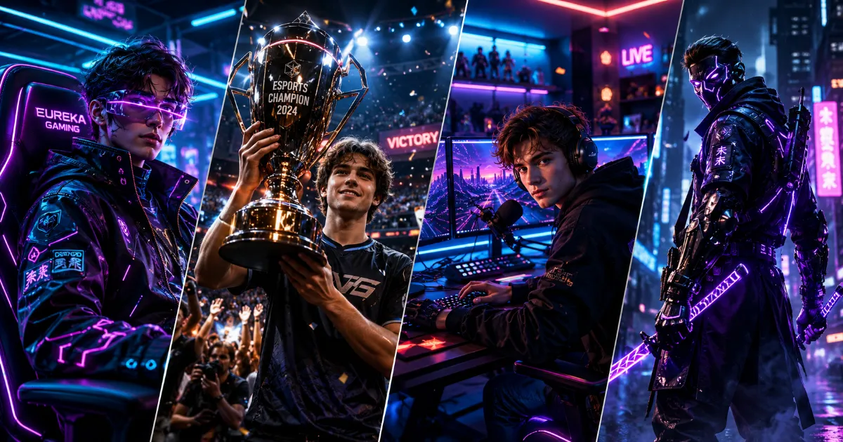 Gaming avatar 3D AI image prompts featuring cyberpunk gamer, RGB gaming room, esports champion and futuristic warrior