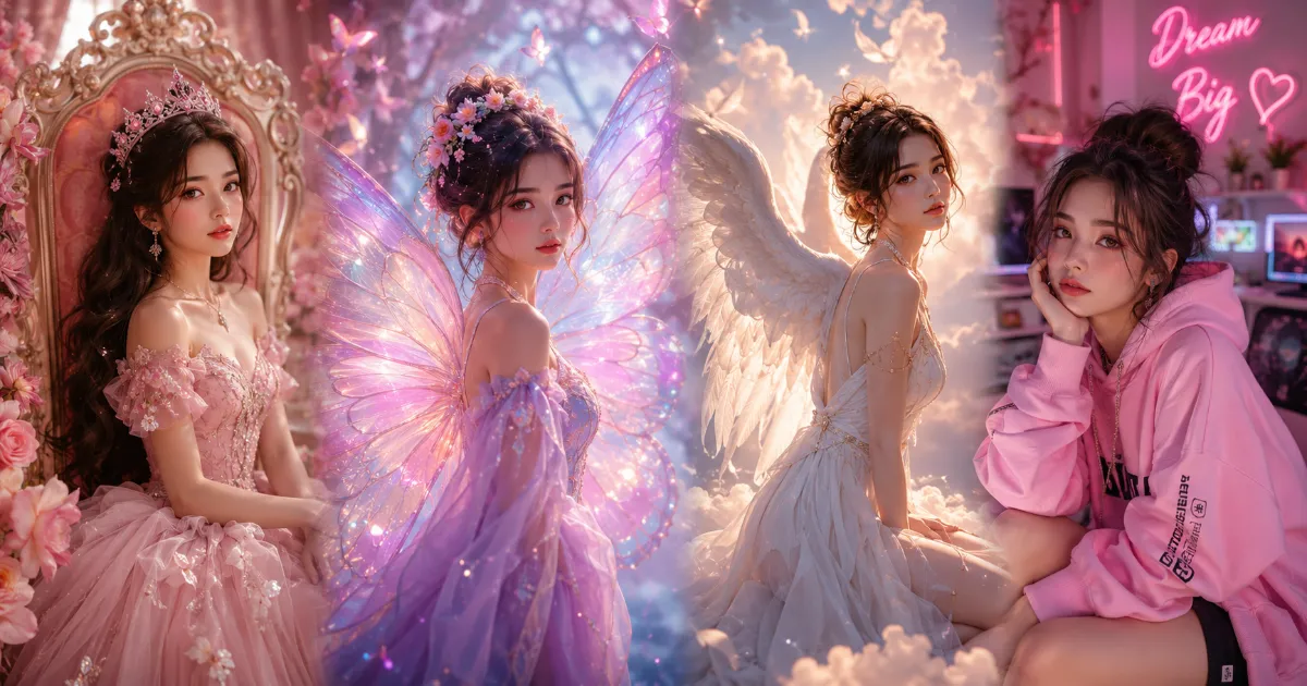Girls beautiful 3D AI image prompts featuring princess style, butterfly wings, angel girl and aesthetic avatars