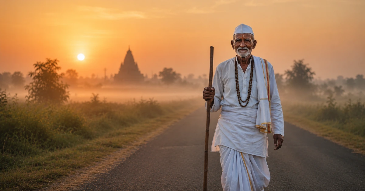 Old Warkari grandfather walking toward Pandharpur during Ashadhi pilgrimage with tulsi garland and peaceful smile