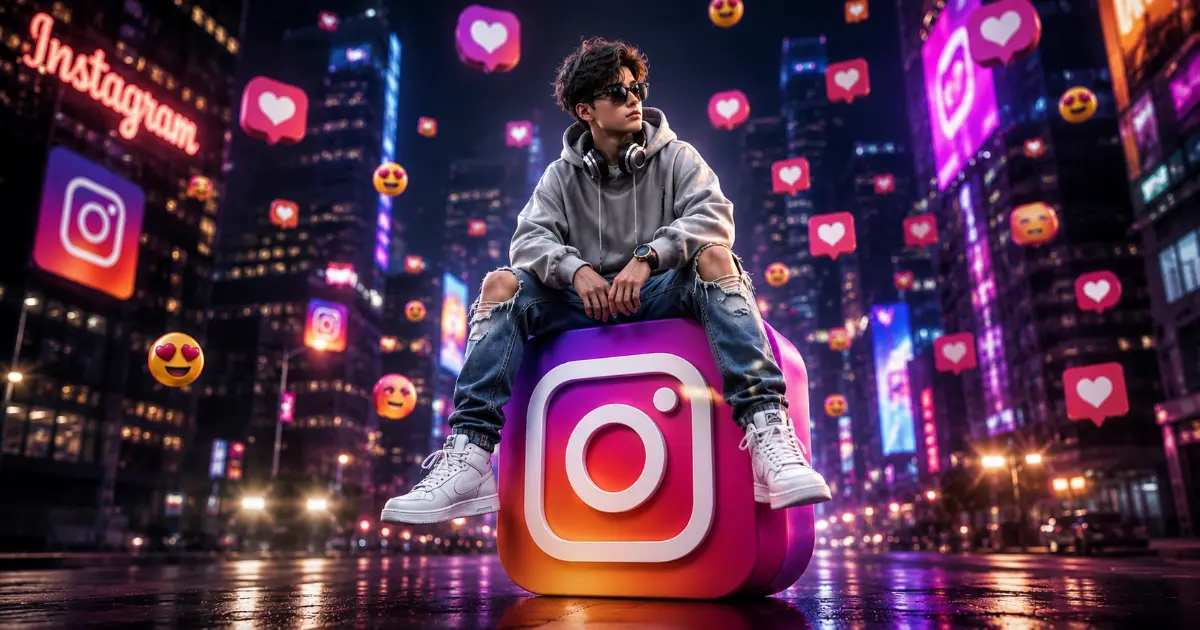 3D AI prompt avatar boy sitting on Instagram logo with Marathi text neon background