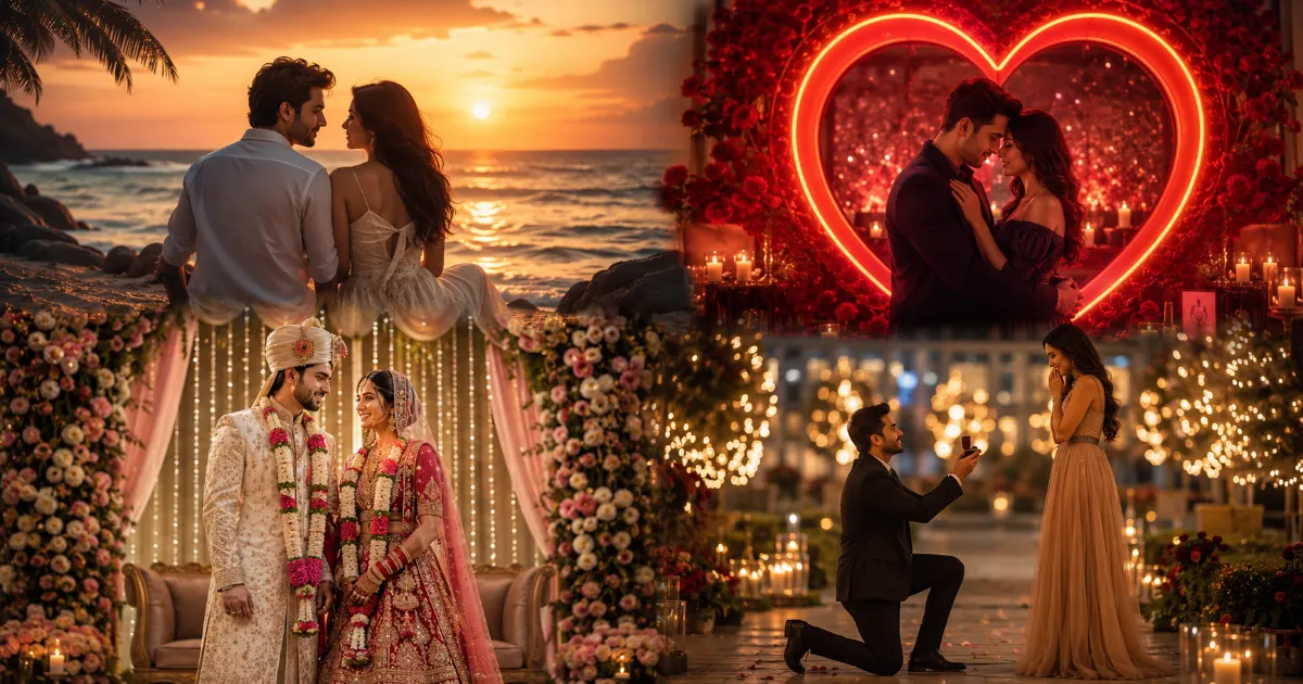 Romantic couple 3D AI image prompts featuring sunset love scene, neon heart, wedding couple and proposal theme