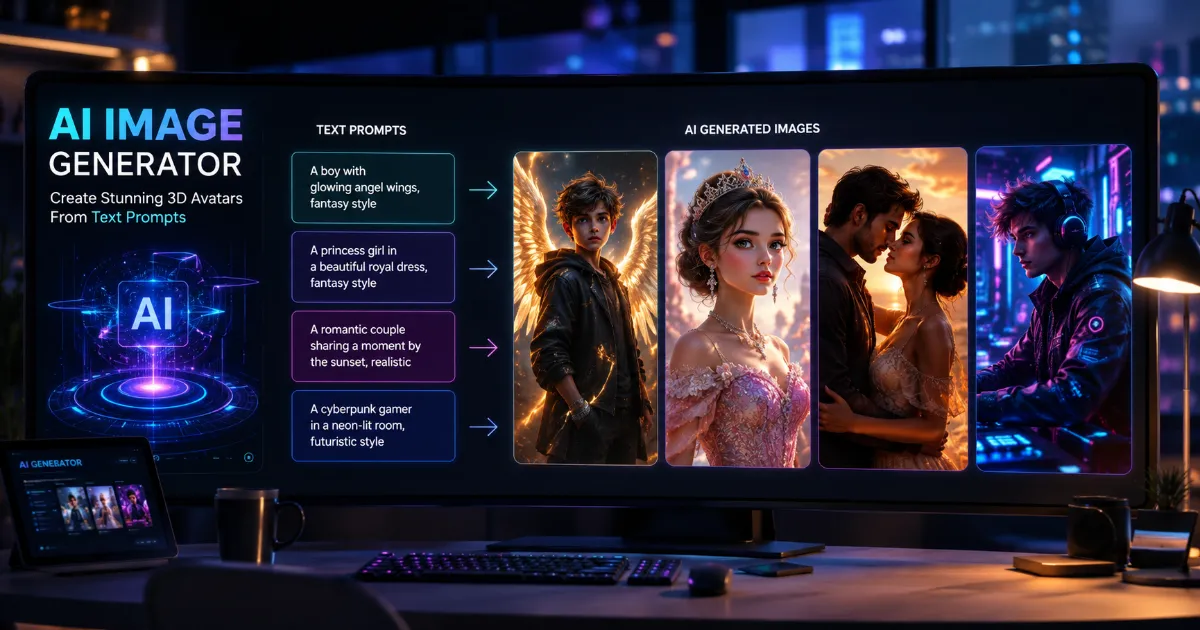What are 3D AI Image Prompts example showing AI generated avatars with wings, neon effects and realistic 3D characters