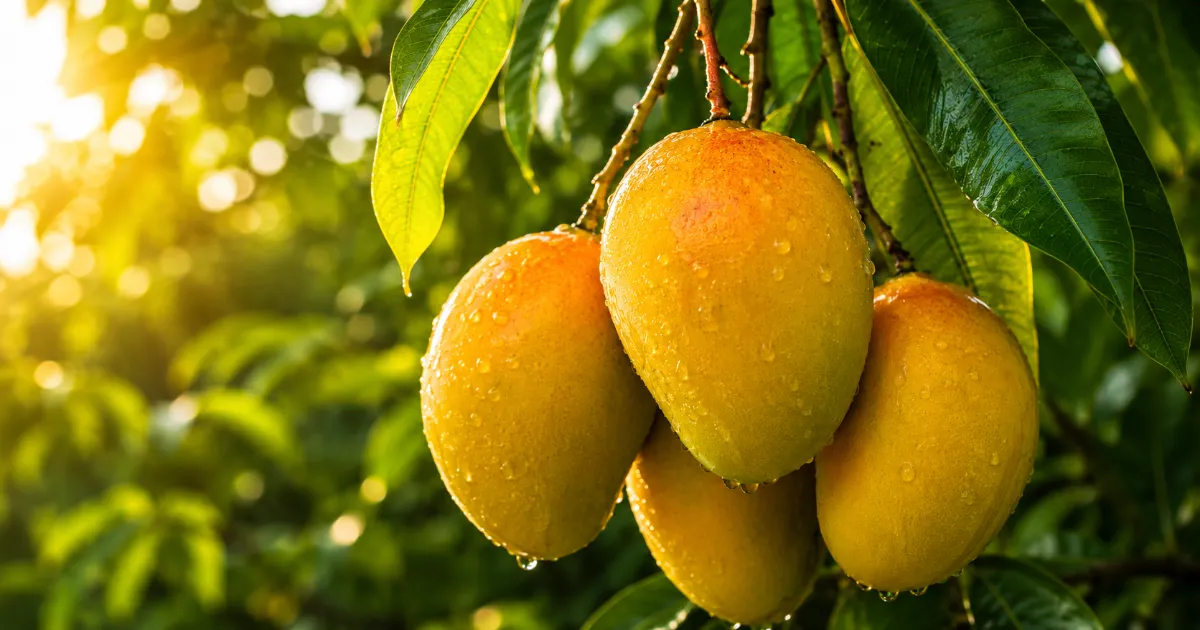 Fresh Alphonso mangoes in Konkan orchard captured using realistic saree AI prompts