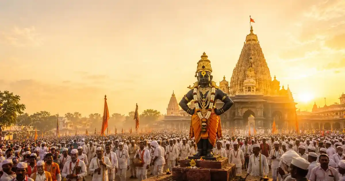 आषाढी एकादशी AI फोटो: पहाटेच्या सोनेरी सूर्योदयात पंढरपूर विठ्ठल मंदिर आणि वारकरी भाविक, Ashadhi Ekadashi AI Photo
