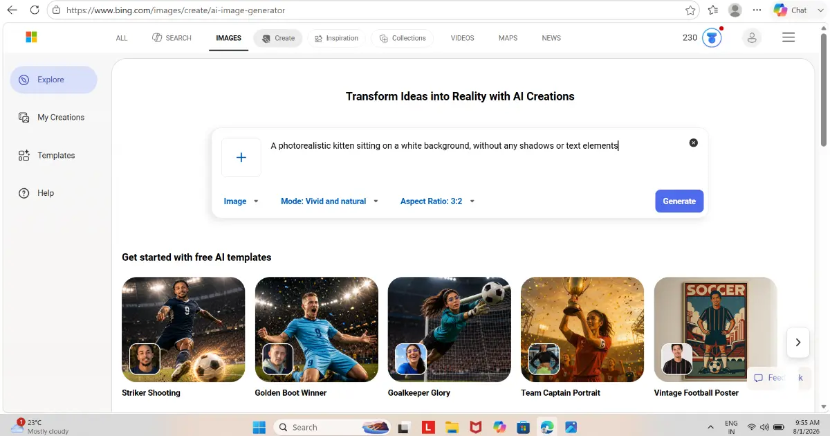 Bing Image Creator मध्ये Negative Prompt ऐवजी without शब्द वापरण्याची पद्धत दाखवणारा स्क्रीनशॉट
