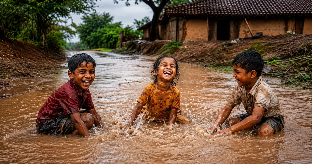 Candid documentary shot of village children playing in rain using saree AI prompts