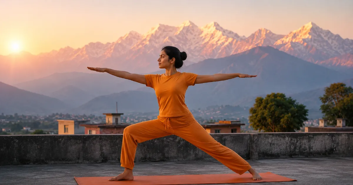 Minimalist wellness photography of a woman doing yoga using professional saree AI prompts