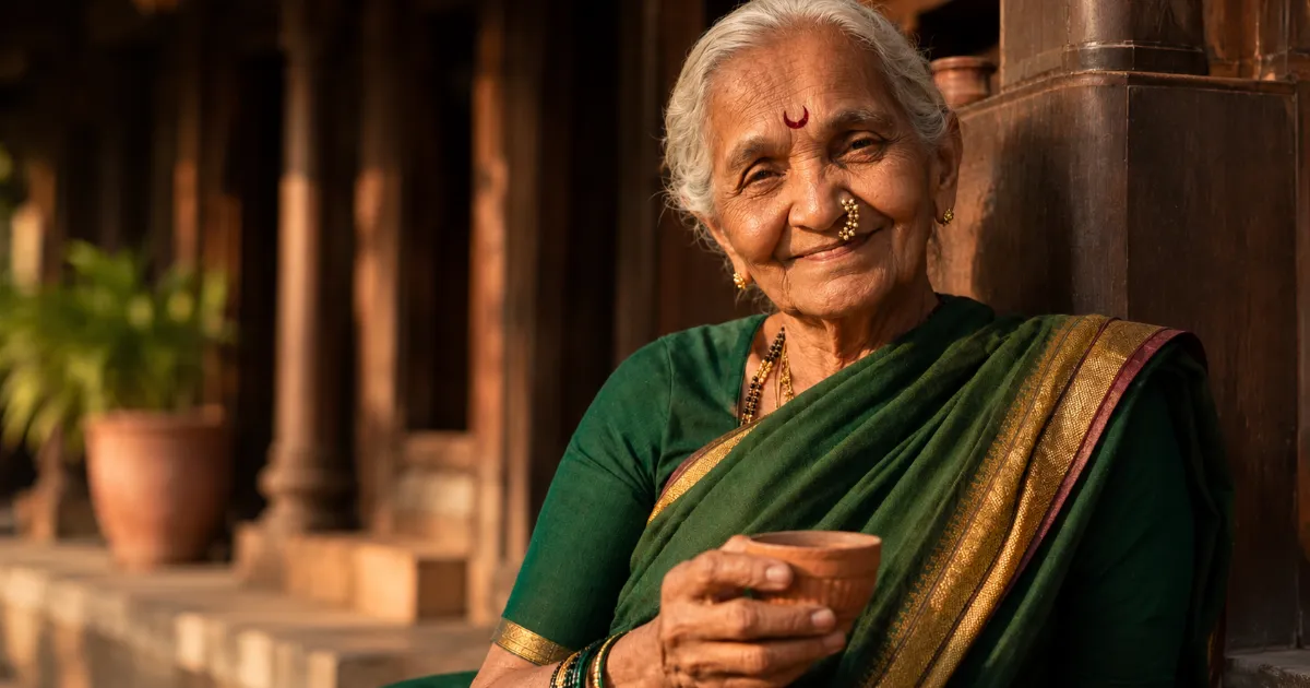 An elderly Maharashtrian grandmother in green Nauvari saree generated using saree AI prompts