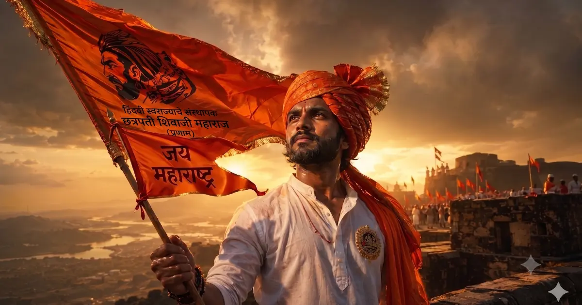 Maharashtrian Cinematic Portrait AI Prompt for Shiv Jayanti Bhagwa Flag