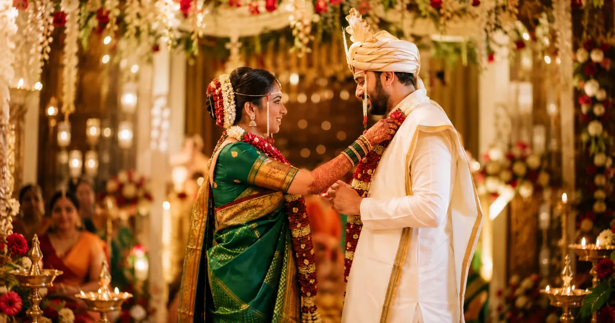 A traditional Maharashtrian wedding couple in Paithani saree using unique saree AI prompts