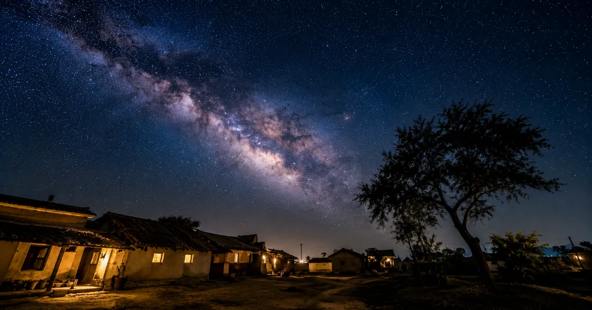 Astrophotography of Milky Way galaxy over an Indian village using saree AI prompts