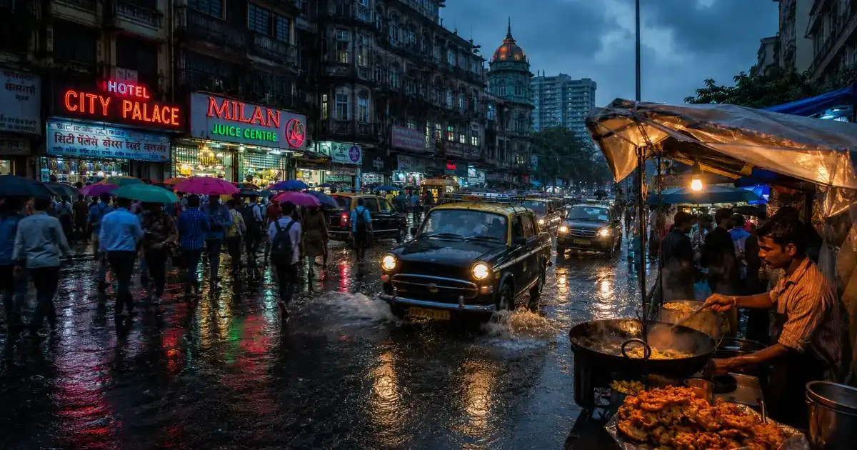A busy Mumbai street street photography style using smart saree AI prompts