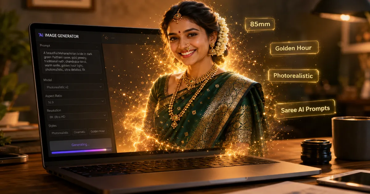 A photorealistic Maharashtrian bride in a green Paithani saree generated using the best साडी AI Prompts
