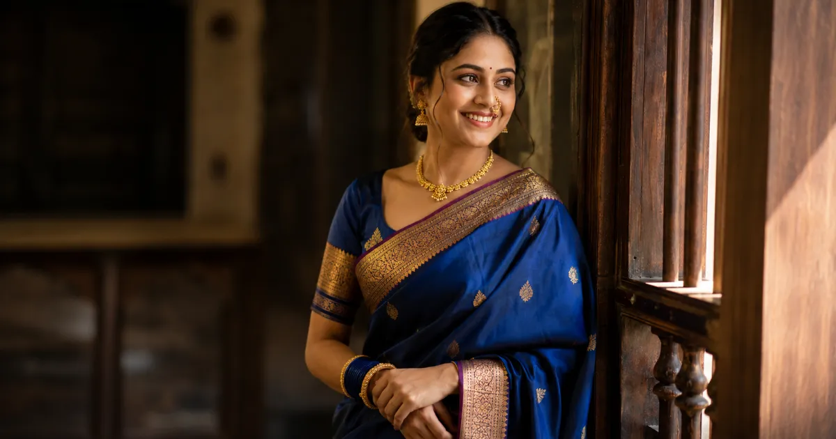 A high quality photorealistic Maharashtrian woman created using the best smart saree AI prompts