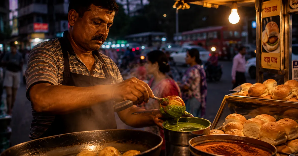Urban food photography of hot vada pav generated via high quality saree AI prompts