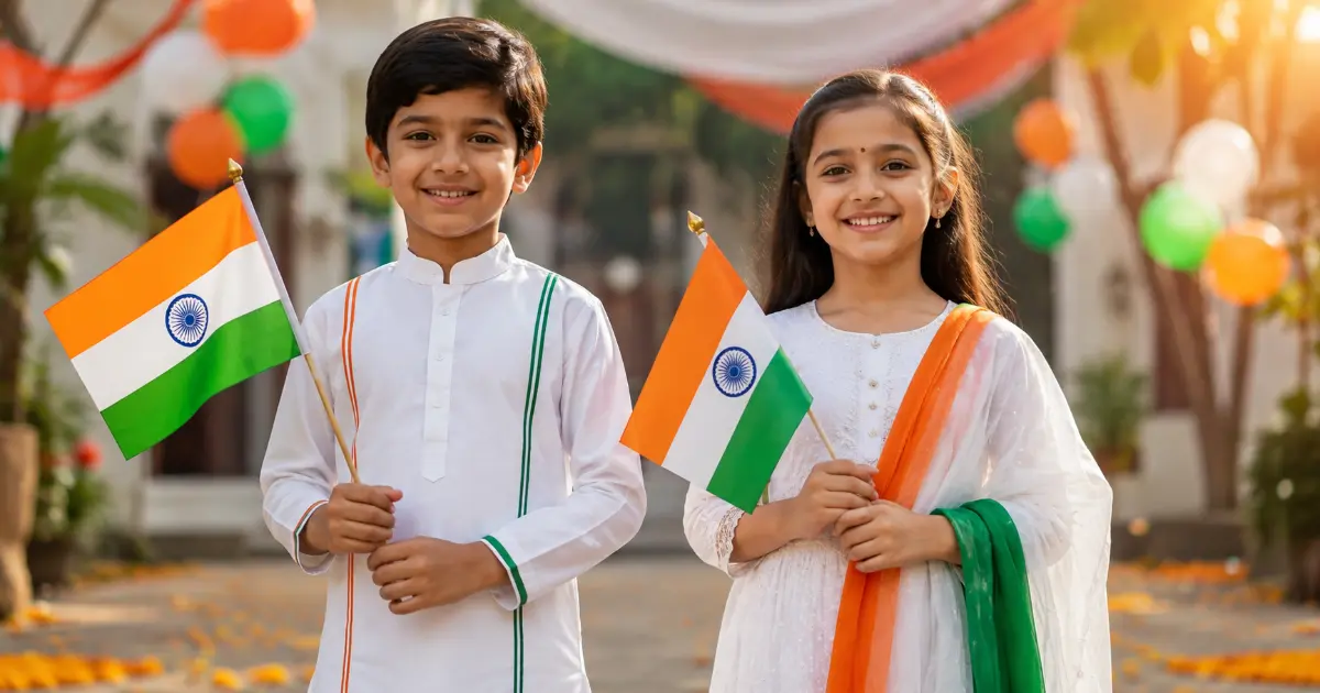 तिरंगा हातात धरलेले 15 August patriotic look मधील भारतीय मुलगा आणि मुलगी