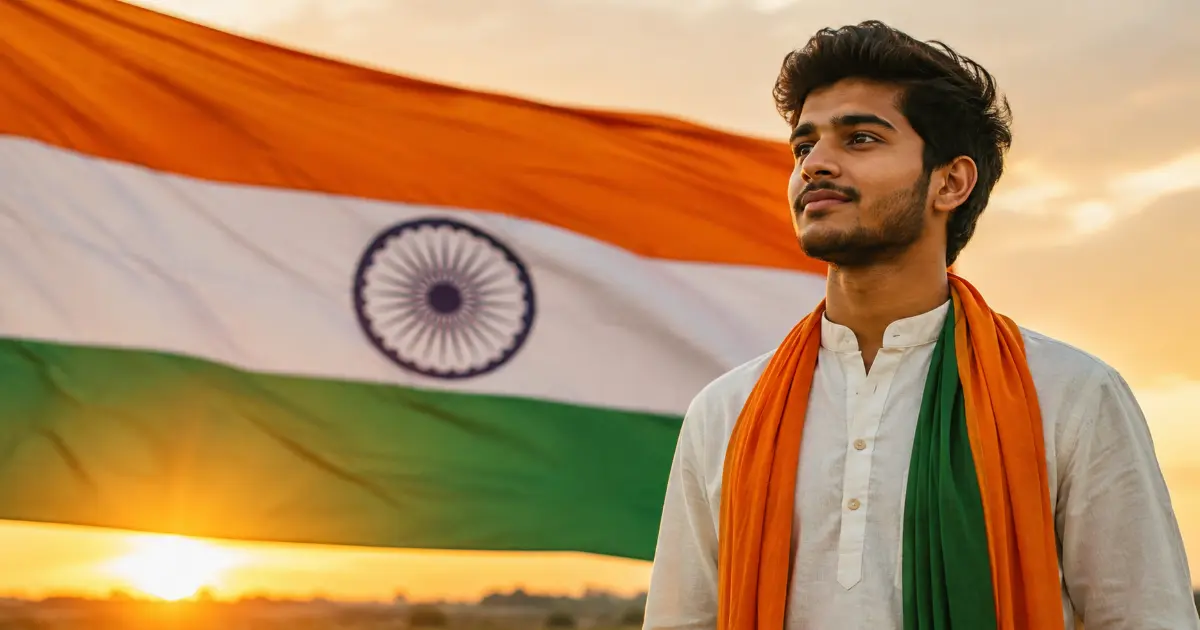 15 August AI photo prompt मधून तयार केलेला तिरंग्यासमोर उभा भारतीय युवक