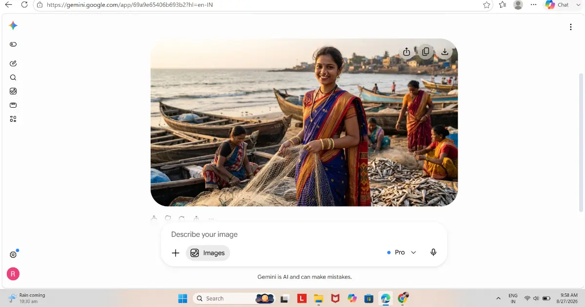 नारळी पौर्णिमेसाठी Koli-inspired पारंपरिक पोशाखातील Gemini AI फोटो