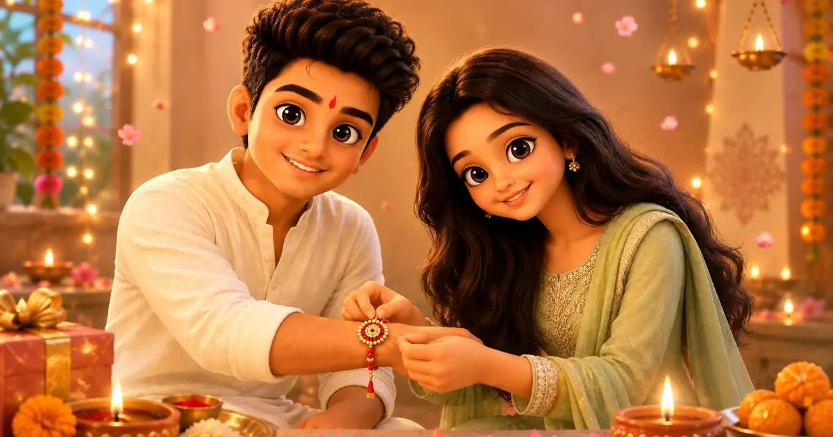 Prompt 1 वापरून तयार केलेला 3D रक्षाबंधन भाऊ-बहिणीचा AI फोटो