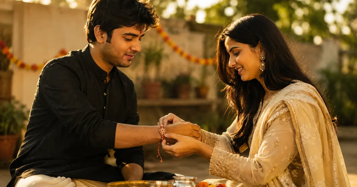 Prompt 11 वापरून तयार केलेला गोल्डन-अवर सिनेमॅटिक रक्षाबंधन भाऊ-बहिणीचा AI फोटो