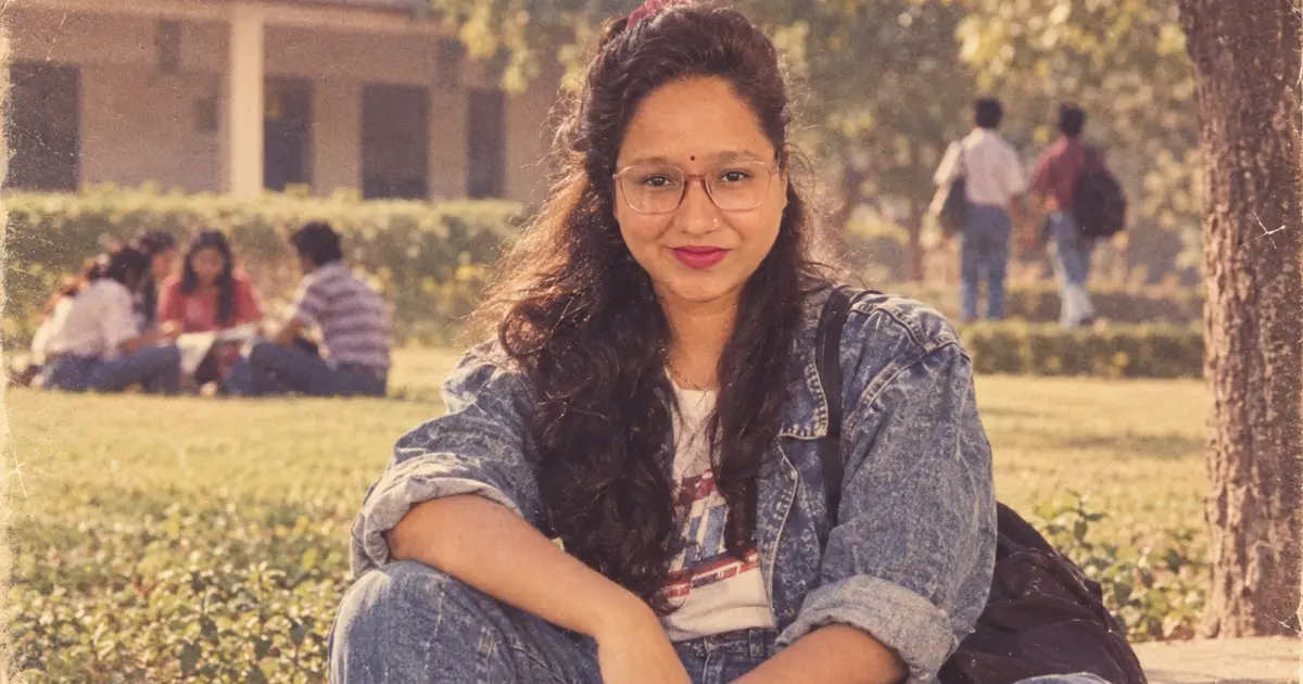 1980s AI photo trend showing a vintage college student look with retro fashion and hairstyle