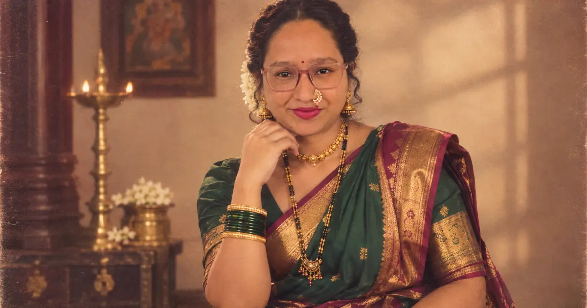 1980s AI photo trend featuring a traditional Maharashtrian woman in a Nauvari saree with a vintage retro look