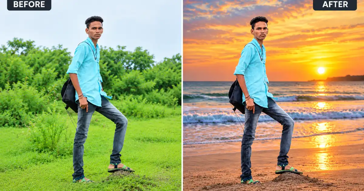 AI Photo Editing Prompts Marathi background change beach before after