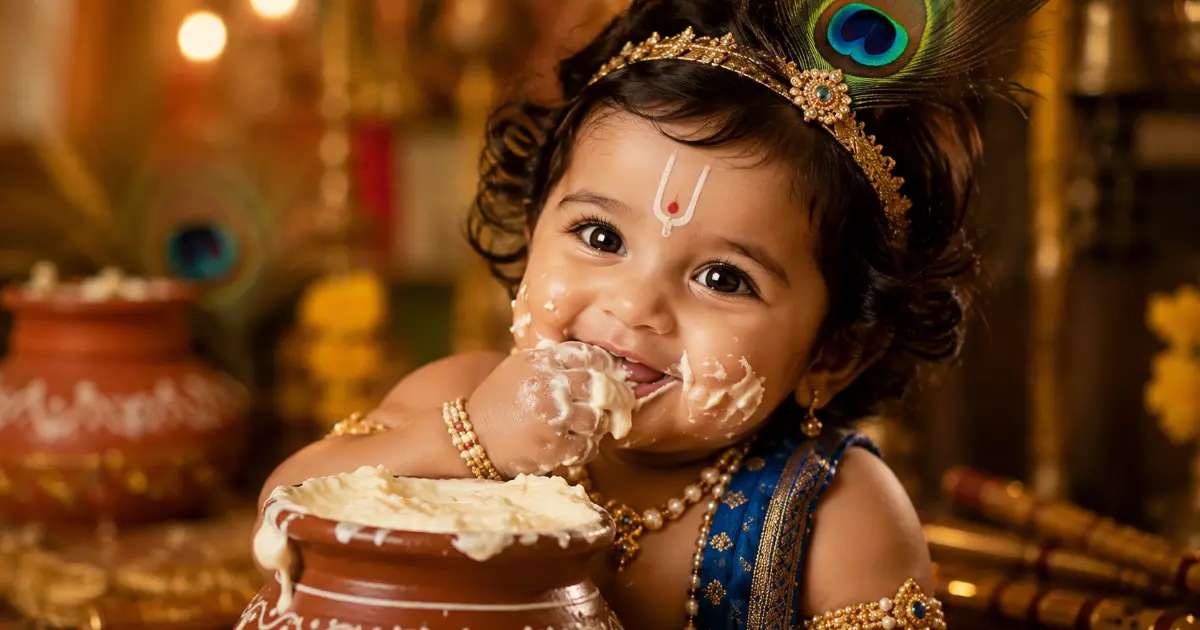 Baby Krishna happily eating butter from a clay pot with peacock feather headband