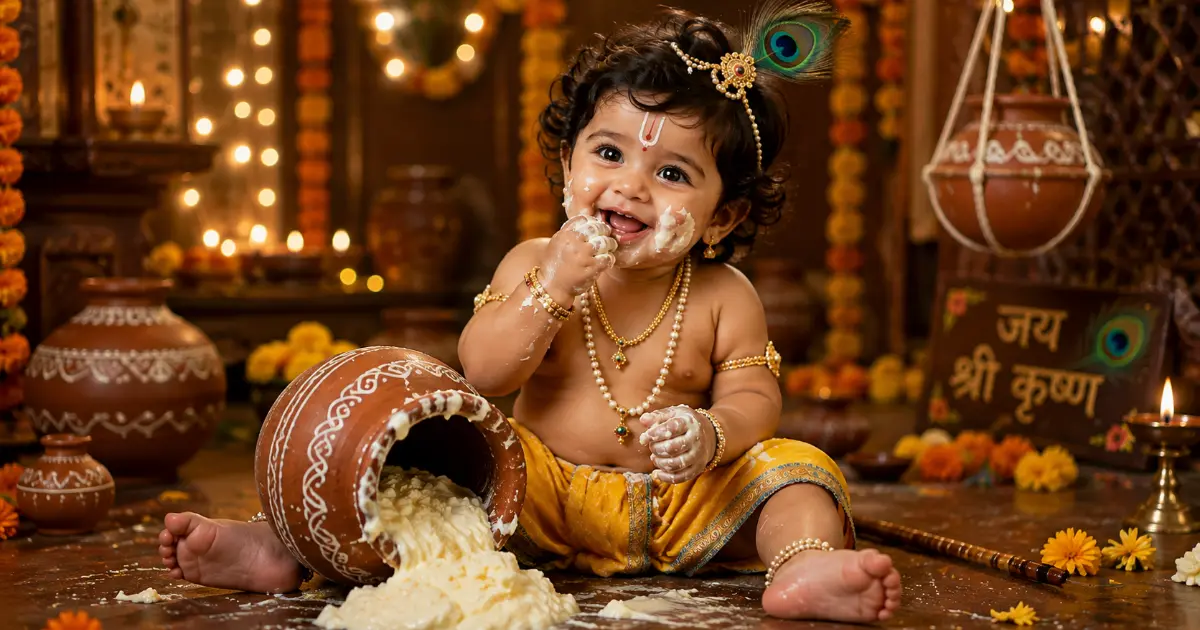 Baby Krishna as Makhan Chor sitting beside a broken butter pot during Janmashtami
