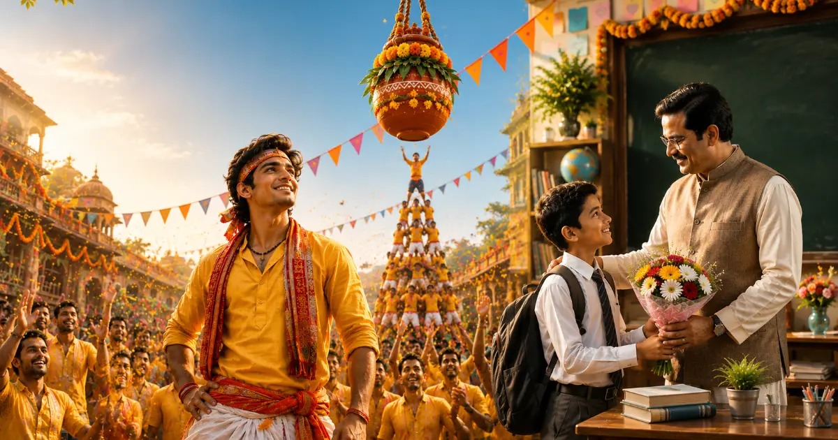 दहीहंडी AI Photo Prompts साठी गोविंदा आणि शिक्षक-विद्यार्थ्यांचे संयुक्त दृश्य
