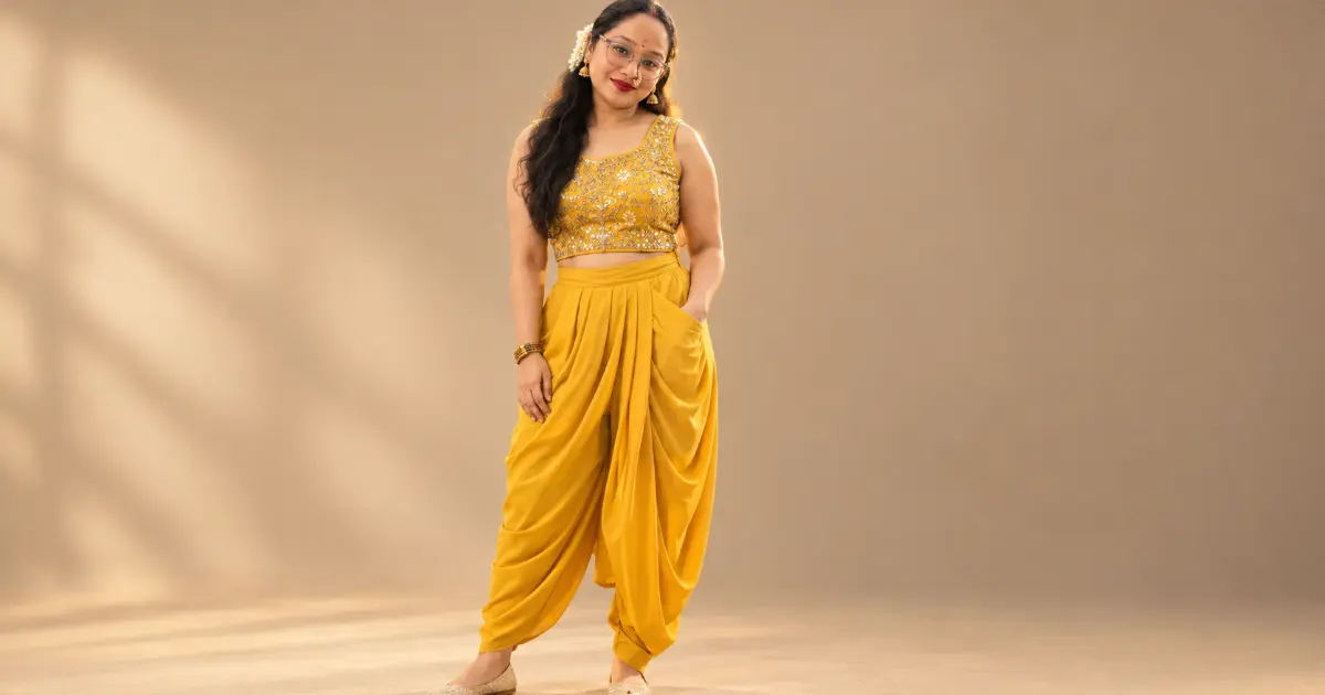 Mustard yellow dhoti pants आणि embellished crop top मधील Indo-Western fusion fashion look