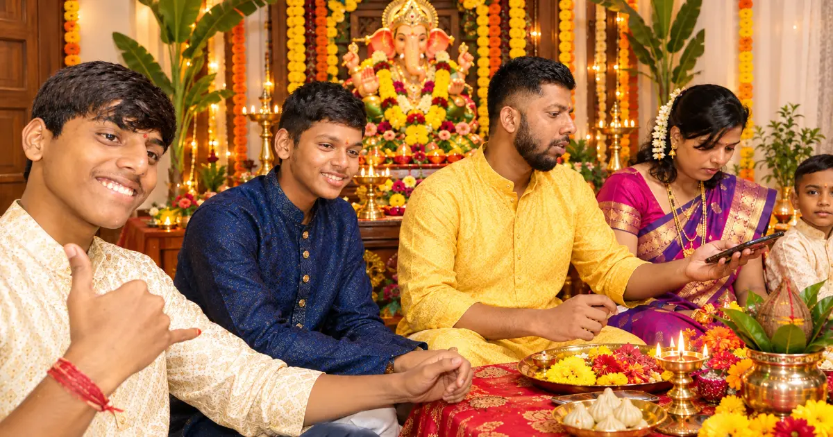 गणपती बाप्पासमोर कुटुंबाचा एकत्रित AI photo prompt test