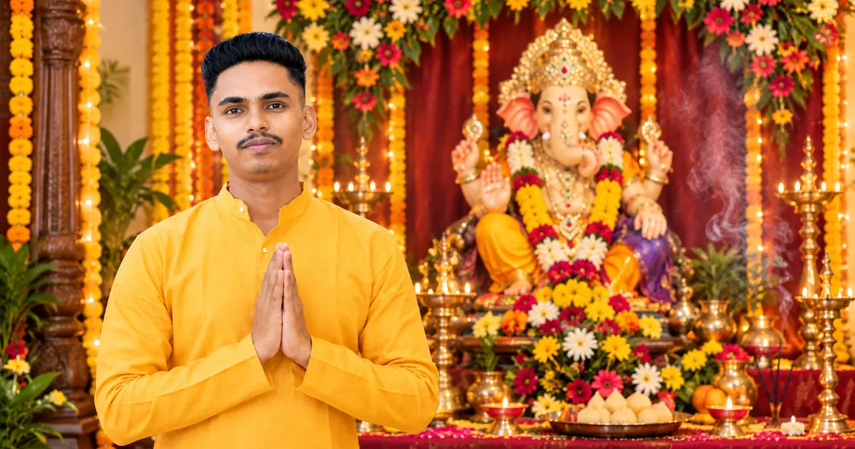 गणपती बाप्पासमोर हात जोडून उभ्या असलेल्या व्यक्तीचा AI photo prompt test