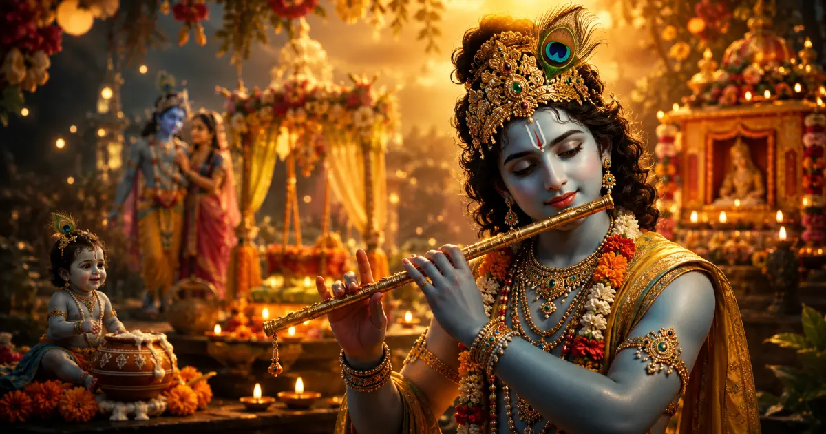 जन्माष्टमी AI Photo Prompts साठी Lord Krishna बासरी वाजवताना, Baby Krishna आणि Janmashtami सजावट