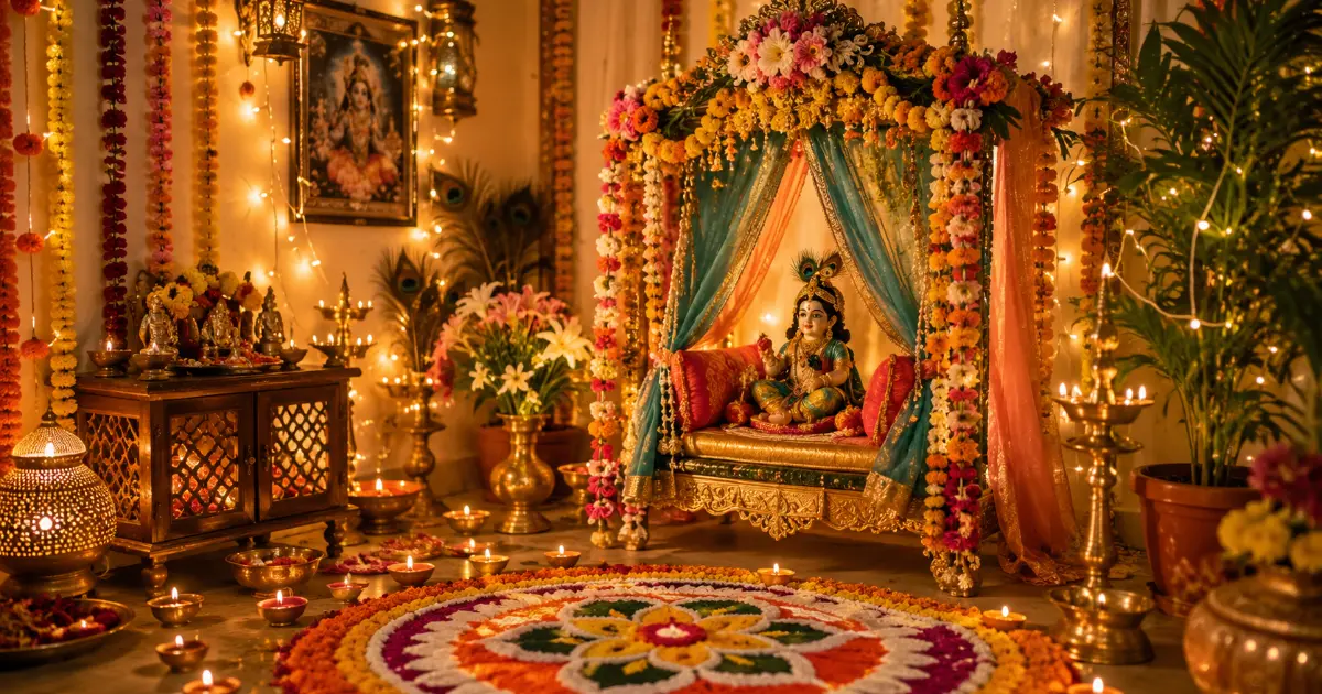 Alt Text:Janmashtami साठी सजवलेले Krishna home temple with jhula, flowers and diyas