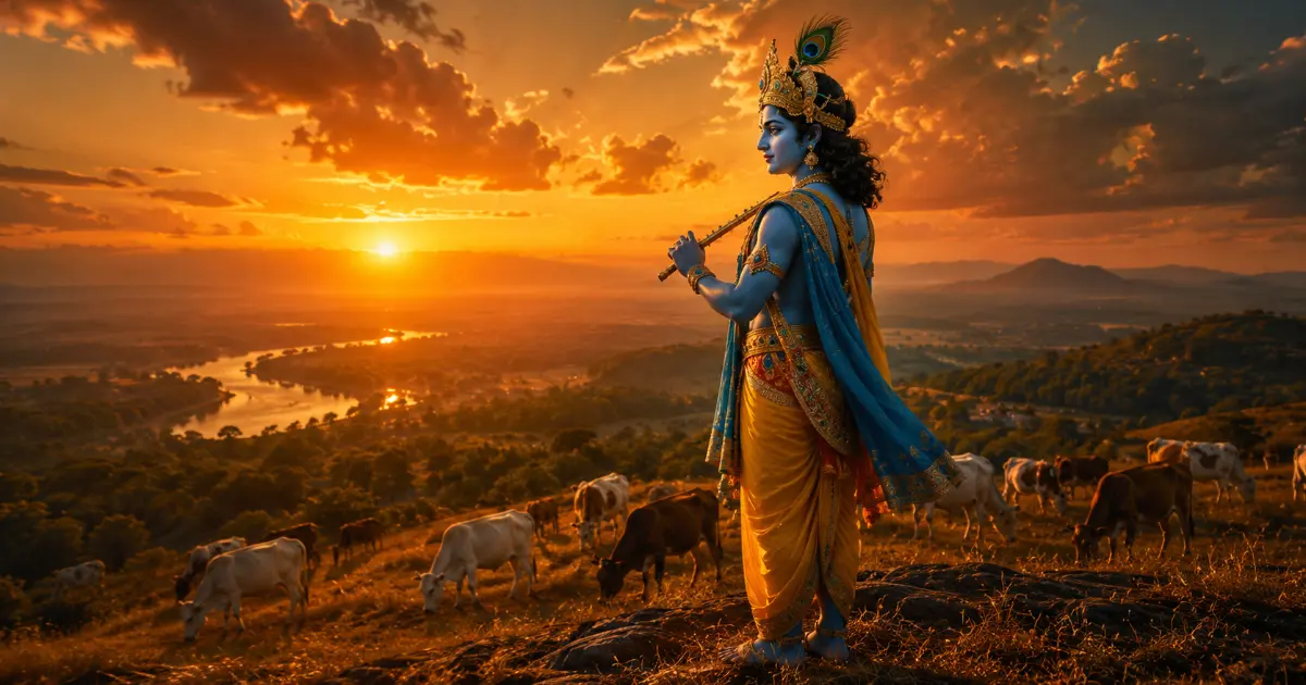 Sunset मध्ये डोंगरावर उभे असलेले Lord Krishna आणि जवळ चरणाऱ्या गायी